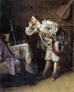 Barockes Interieur Mit Galantem Herrn Vor Einem Spiegel.