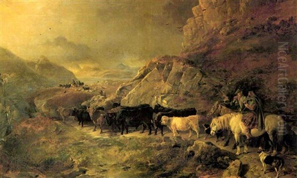 An Extensive Highland Landscape, With Cattle And Drovers On A Mountain Pass - view 1