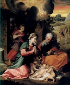 The Nativity And The Annunciation To The Shepherds Beyond by Michelangelo Anselmi