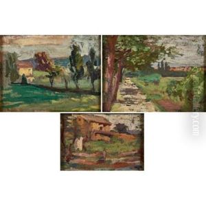 Untitled (yellow House With Poplar Trees) by Thomas Anshutz