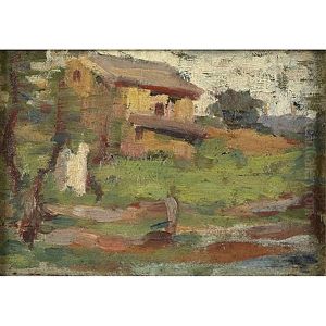 Untitled (yellow House With Poplar Trees)(+ 2 Others; 3 Works) by Thomas Anshutz