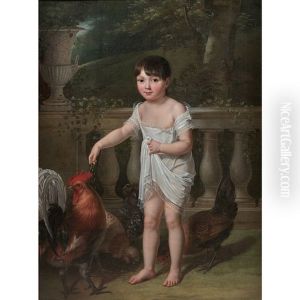 Jeune Enfant Nourrissant Une Poule Et Un Coq Sur Une Terrasse by Antoine Jean Joseph Ansiaux