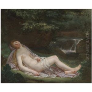 A Landscape With A Nude Female Figure Reclining, A Waterfall Beyond by Antoine Jean Joseph Ansiaux