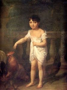 Fillette Donnant Des Graines A Des Coqs by Antoine Jean Joseph Ansiaux
