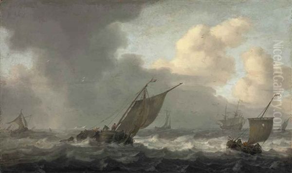 A Smalschip And Other Shipping In A Squall, A Warship Beyond - view 1