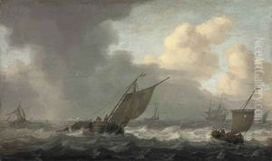 A Smalschip And Other Shipping In A Squall, A Warship Beyond by Arnoldus van Anthonissen