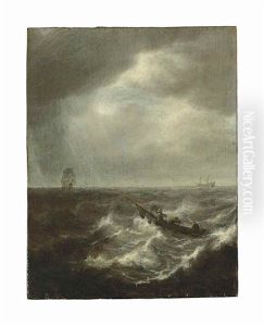 A Seascape With Figures In A Boat In Stormy Waters, Two Men-of-war Beyond by Arnoldus van Anthonissen