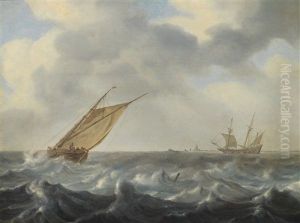 Ein Fischkutter Und Ein Zweimaster Auf Bewegter See In Kustennahe