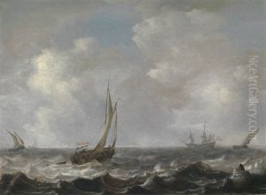 Schiffe Auf Bewegter See, Im Hintergrund Eine Fregatte by Arnoldus van Anthonissen