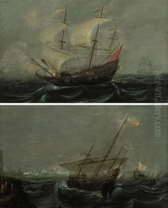 A Dutch Man-o-war And Other Shipping In Choppy Waters (+ Shipping Off The Coast; Pair) by Arnoldus van Anthonissen