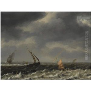 A Seascape With Dutch Shipping Vessels In Choppy Seas And A Rainbow In The Distance by Arnoldus van Anthonissen