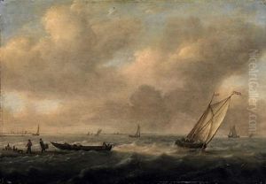 Sturmische See. Zahlreiche Segelboote Vor Der Hollandischen Kuste, Im Vordergrund Fischer, Ein Ruderboot Beladend by Arnoldus van Anthonissen