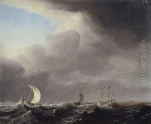 Fishing Pinks Running In Line Before A Stiff Breeze Towards A Distant Man O'war At Anchor by Arnoldus van Anthonissen