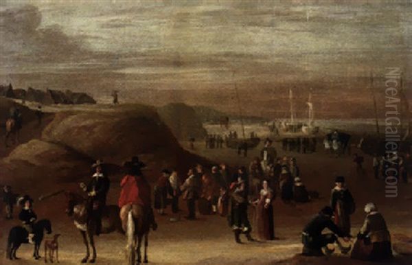 A Coastal Landscape With Peasants And Elegant Figures On The Shore, Beached Fishing Boats Beyond - view 1