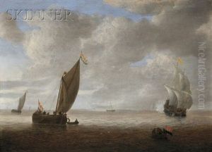 Dutch Coastal Vessels In A Light Breeze, A Man Of War Firing A Salute Beyond