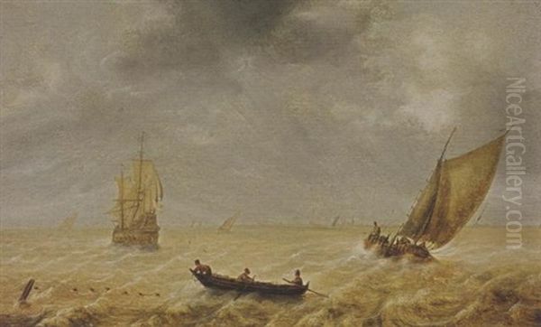 Fishermen In A Rowing Boat And Sailing Vessels In A Choppy Sea, A City In The Distance - view 1