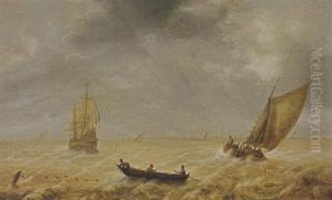 Fishermen In A Rowing Boat And Sailing Vessels In A Choppy Sea, A City In The Distance by Hendrick Van Anthonissen