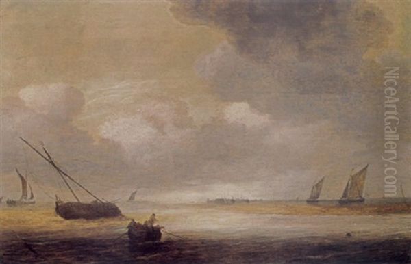 Shipping In A Calm With A Fishing Boat In The Foreground, And A Fortified Harbour In The Background - view 1
