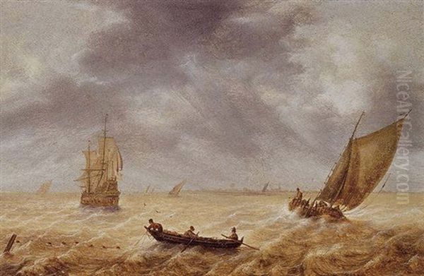 Fishermen In A Rowboat And Other Sailing Vessels In A Choppy Sea, A City In The Distance - view 1