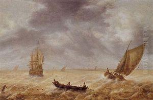 Fishermen In A Rowboat And Other Sailing Vessels In A Choppy Sea, A City In The Distance