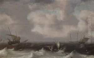 Fishing Boats In Stormy Seas, A Distant View Of A Town by Hendrick Van Anthonissen