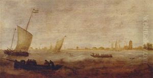 Sailors In A Rowing Boat With Smalschips Off A Coastline by Hendrick Van Anthonissen