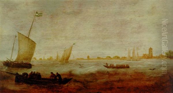 Figures In A Rowing Boat With Smalschips Off A Coastline - view 1