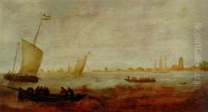 Figures In A Rowing Boat With Smalschips Off A Coastline by Hendrick Van Anthonissen