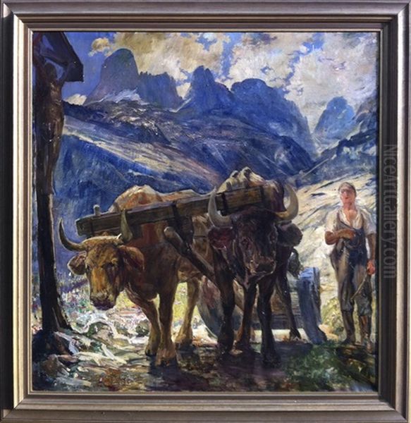 Bauer Mit Ochsengespann Am Wegkreuz Im Gebirge - view 1