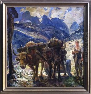 Bauer Mit Ochsengespann Am Wegkreuz Im Gebirge