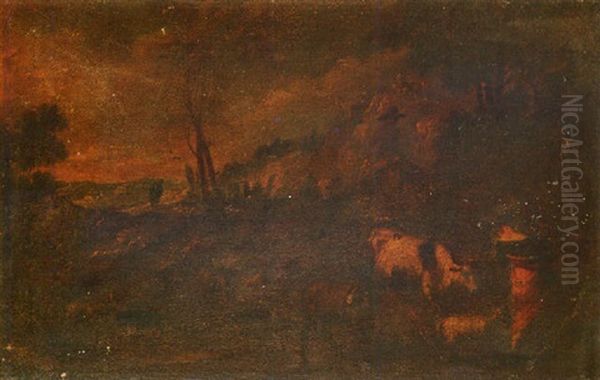 A Pastoral Landscape With A Cowherd And Milkmaid With Their Livestock - view 1