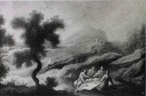 Figures In An Extensive Rocky Landscape by Francisco Antolinez Y Ochoa