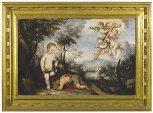 The Infant Saint John The Baptist Kissing The Feet Of The Christ Child, Three Angels Carrying A Cross Above by Jose Antolinez