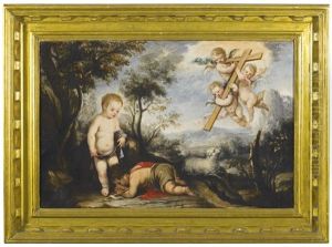 The Infant Ssaint John The Baptist Kissing The Feet Of The Christ Child, Three Angels Carrying A Cross Above by Jose Antolinez
