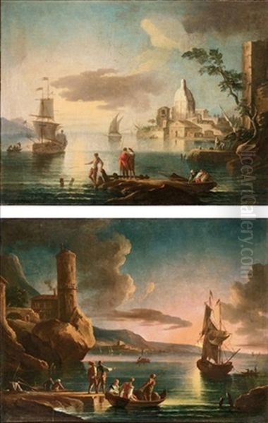 Marina All'alba Con Pescatori, Imbarcazioni E Veduta Di Citta (+ Marina Al Tramonto Con Figure, Imbarcazioni E Faro; Pair) - view 1