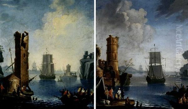 Marine Con Barche, Figure, Mercanti Abbigliati All'orientale E Rovine (pair) - view 1