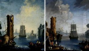Marine Con Barche, Figure, Mercanti Abbigliati All'orientale E Rovine (pair)