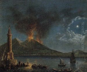 Naples, A View Of The Bay At Night With The Eruption Of Vesuvius by Pietro Antoniani