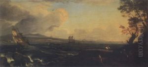 Ships Tossed In Heavy Seas Off A Rocky Shoreline by Pietro Antoniani