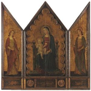 Madonna And Child With St. Catherine And St. Barbara (triptych) by Romano Antoniazzo