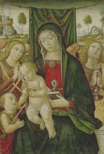 Madonna In Trono Con Bambino E San Giovannino, Tra Due Angeli by Antonio Massari da Viterbo