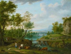 Weite Flusslandschaft Mit Reitern Und Hirten Mit Ihrem Vieh