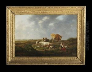Landscape With Cattle And Mother And Child At Rest by Henri-Joseph Antonissen