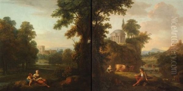 Paysage Aux Bergers Et Temple Circulaire (+ Mere Et Son Enfant Dans Un Paysage; Pair) - view 1