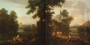 Paysage Aux Bergers Et Temple Circulaire (+ Mere Et Son Enfant Dans Un Paysage; Pair) by Henri-Joseph Antonissen