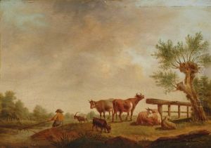 Landscape With Fisherman And Cows by Henri-Joseph Antonissen