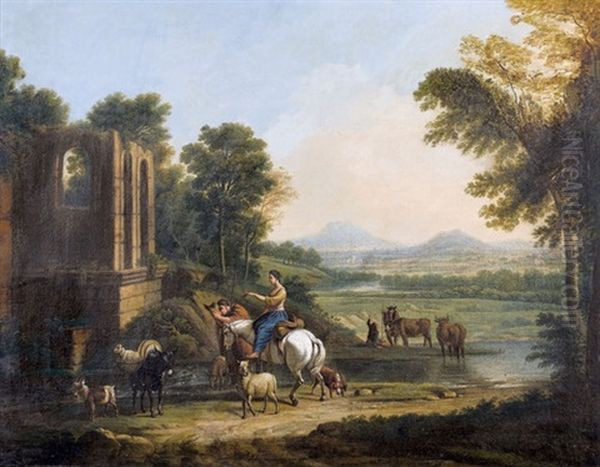 Personnages Et Animaux Dans Un Paysage Avec Ruines - view 1