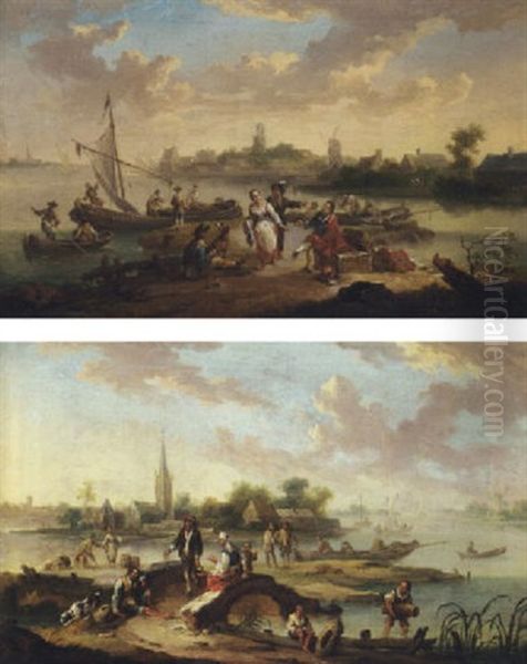 A River Landscape With Traders And Townsfolk By A Ferry, A Windmill In The Distance - view 1