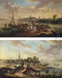 A River Landscape With Traders And Townsfolk By A Ferry, A Windmill In The Distance by Henri-Joseph Antonissen