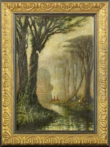 Early Morning View Of Cypress Trees Along The Bayou With Two Fisherman In A Pirogue - view 1